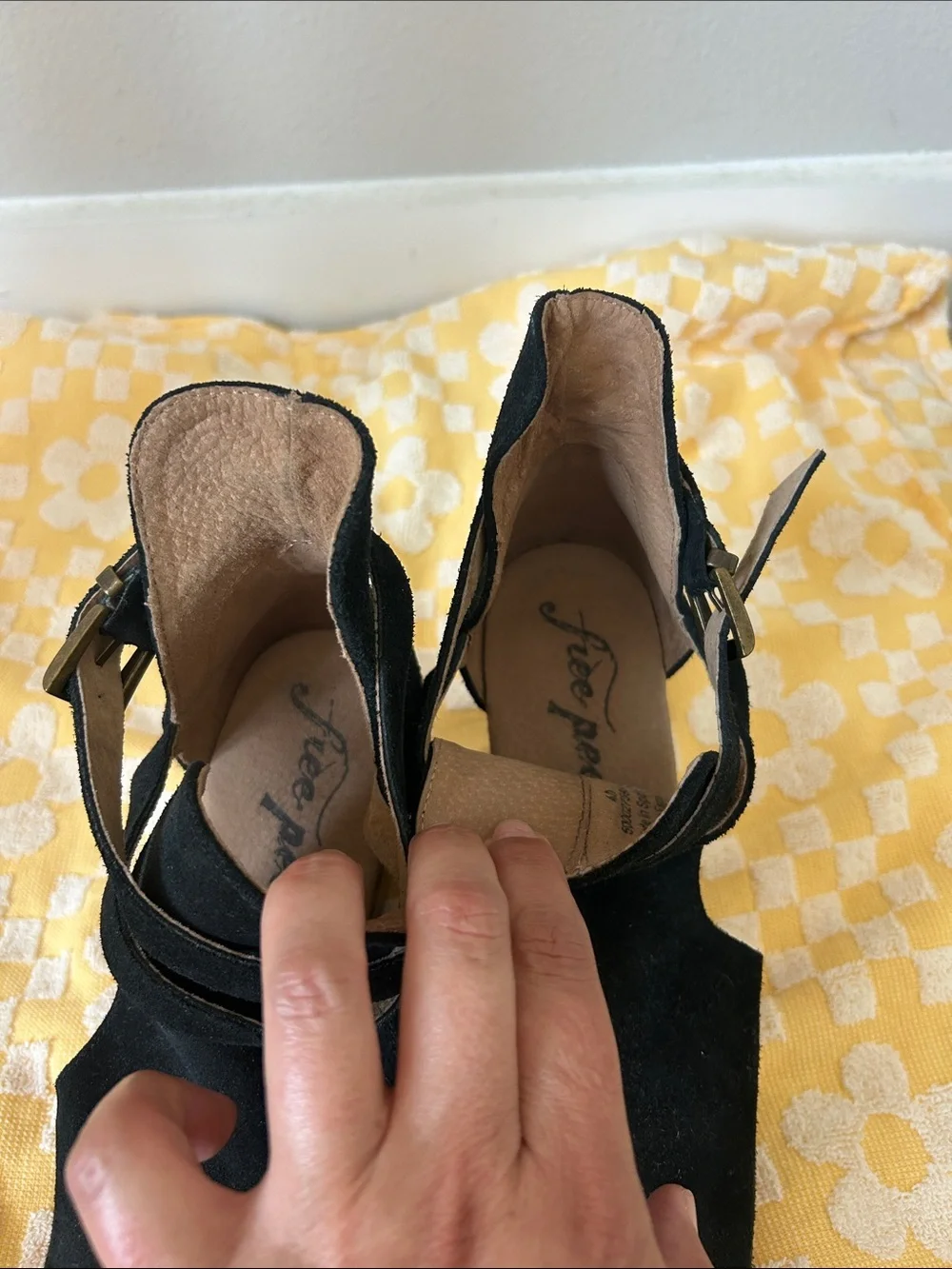 Free People Black Suede Platform Clogs with Wood-Look Heel